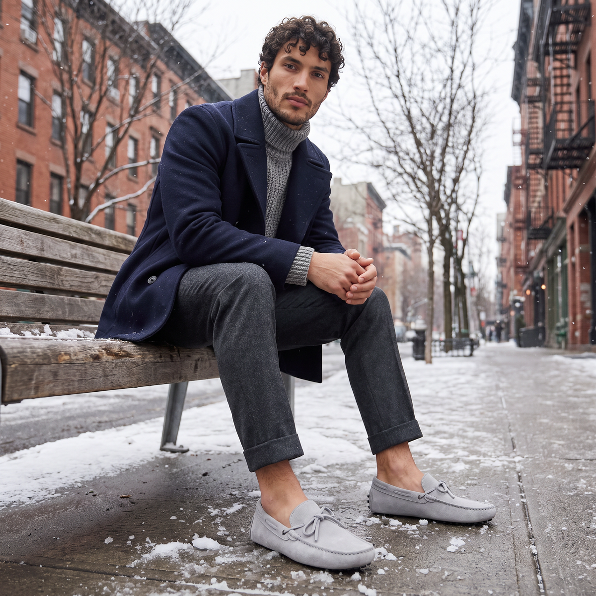 men's suede loafer with hand-stitched detail and front tie