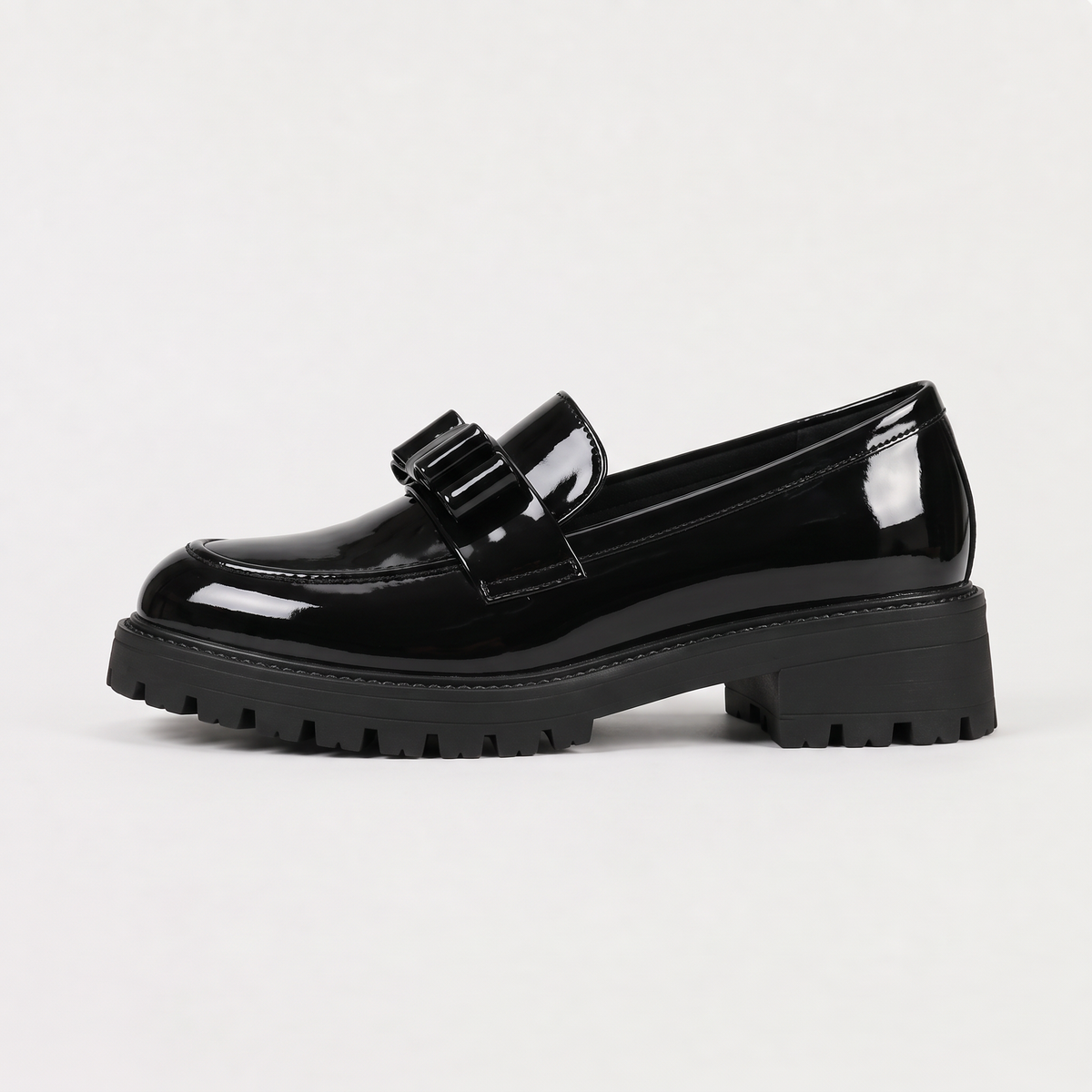 women's patent chunky loafer with bow detail